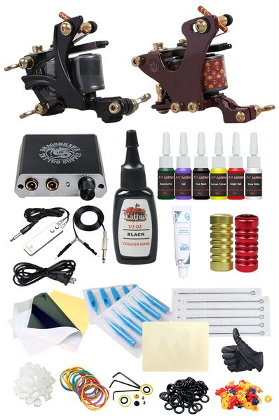 

beginner tattoo kit 2 coils guns mini power supply color inks black ink needles tips tattoo supply