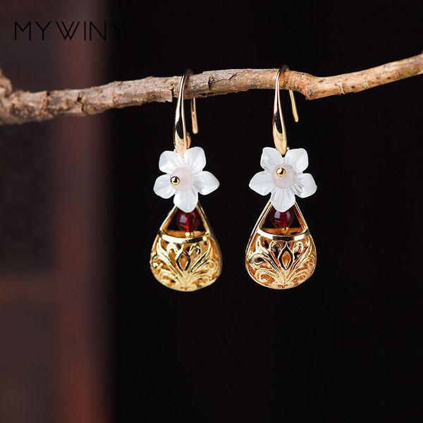 

mywiny new 2019 original design vintage shell flower earrings for women girl,ethnic style water drop long earrings jewelry, Silver