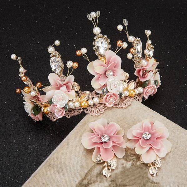 

sweet pink yarb ceramic flower handmade beaded lace baroque crown golden wedding hair headdress, White;golden