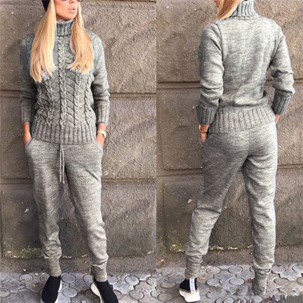 

sfit woman casul suits wool warm knitted sets turtleneck twist sweater+pant two piece set female winter warm woman's sport set, Black;blue