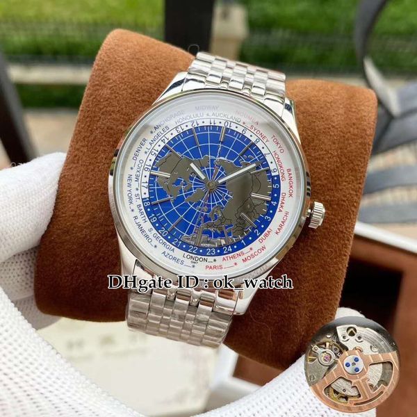 

new 42mm 8108120 geophysic universal time automatic mens watch silver case blue map dial q8108120 stainless steel strap gents sport watches, Slivery;brown