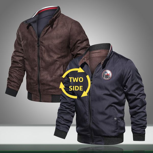 

men's jackets 2021 men pilot jacket solid two side autumn casual male bomber zipper stand collar mens loose coat chaqueta, Black;brown