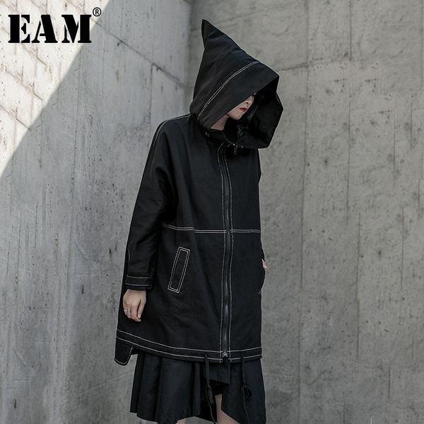 

eam] women black big size ling split trench new hooded long sleeve loose fit windbreaker fashion autumn winter 2019 19a-a813, Tan;black