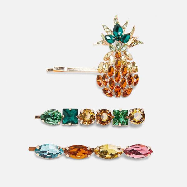 

dvacaman cute fruit pineapple hair clip pins women girls baby crystal barrettes wedding bridal jewelry accessories wholesale, Golden;white