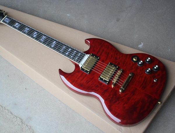 

фабрика на заказ гитара красный электрическая с золотой метизы, 2 пикапы, flame maple шпон, предлагаем индивидуальные, как вы запрашиваете б