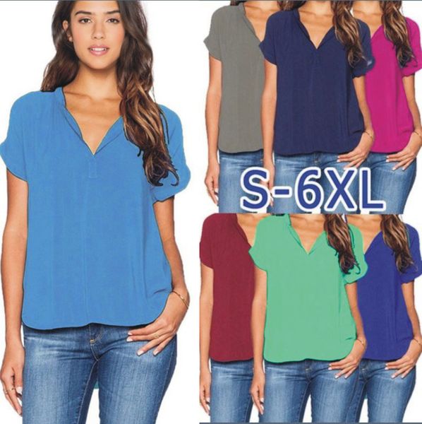 

plus size 6xl women fashion summer t shirt solid color casual short sleeve v neck t-shirt ladies new, White