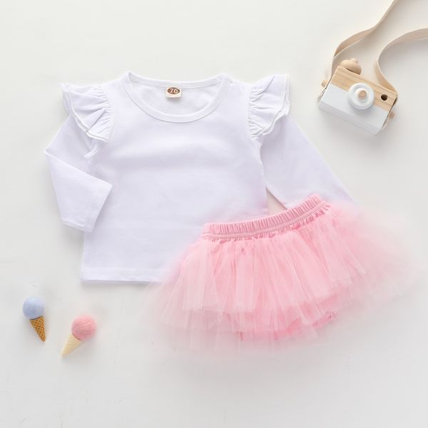 

fashion baby skirt sets spring autumn casual long sleeve rompers solid color mesh skirt kit baby girls clothes set white11, White