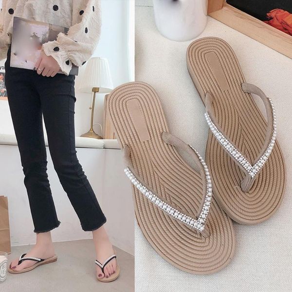 

casual slippers women summer beach outside shoes pearl leisure slippers beach flip-flops stylish shoes woman zapatos#c3, Black