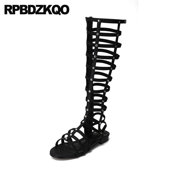 

summer flat ladies fashion knee high gladiator sandals quality boots open toe genuine leather roman black 2019 women