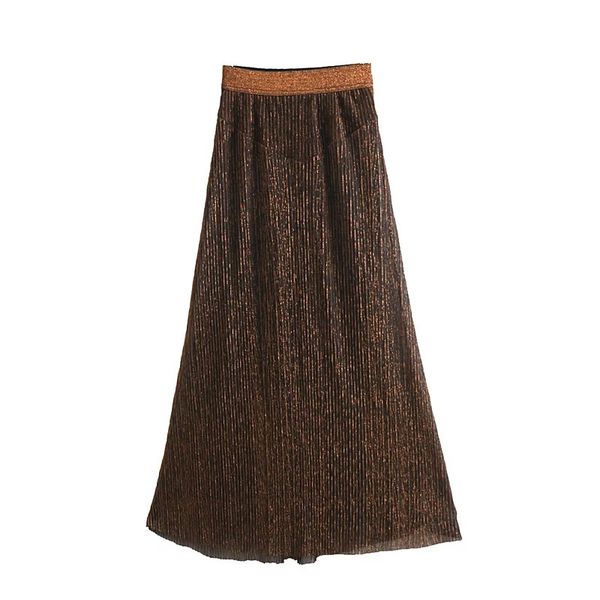

2019 spring new arrival ankle-length long shining metal-lined pleated skirt european style vintage skirt women ing, Black
