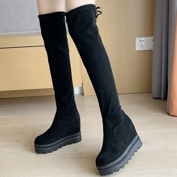 

2020 height increasing slip on women shoes woman platform high heels elastics over the knee boots, Black