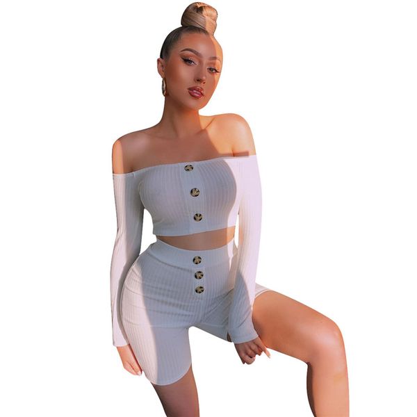 

два piece set летних женщин с длинными рукавами слэш шеи растениеводства вершиной высокой талии шорты 2pcs buttons нарядов тонких согласующи, Gray