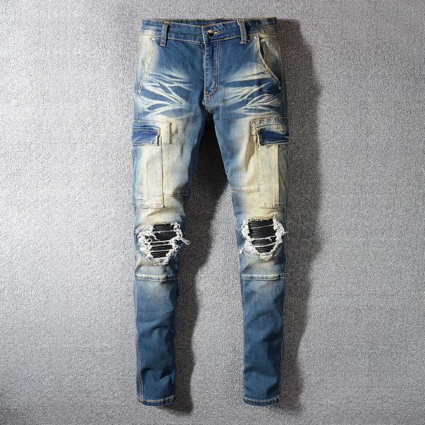

mens designer jeans brand retro washed cargo pocket design hole slim elastic jeans casual fashion pencil pants zipper denim jeans, Blue