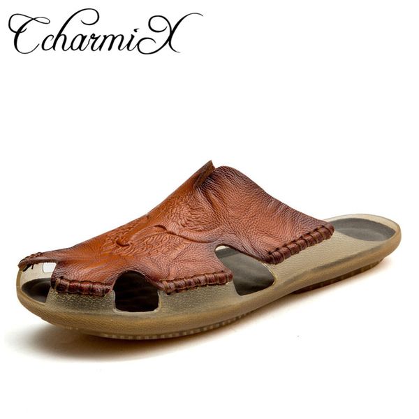 

ccharmix 2019 summer slippers men hollow out breathable beach slides men shoes genuine leather outdoor slippers male big size 48, Blue;gray
