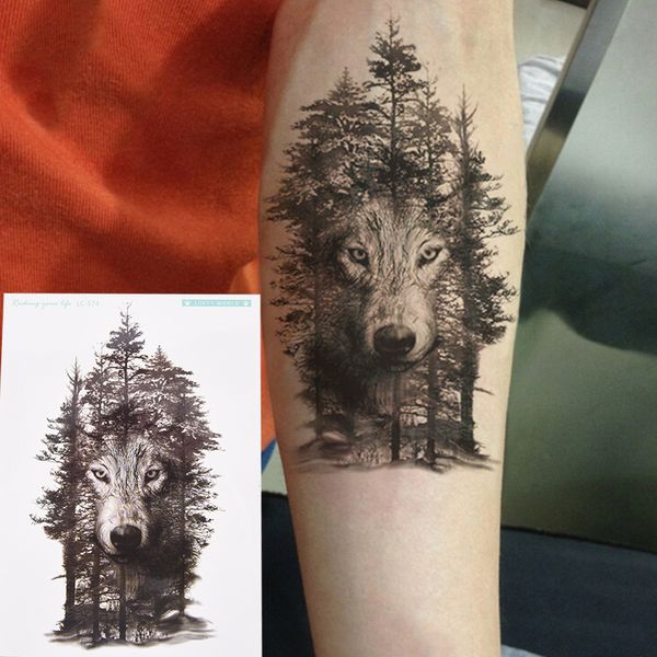 Acheter 21 15 Cm Imperméable à Leau Temporaire Tatouage Autocollant Loup Forêt Tatto Autocollants Flash Tatoo Faux Tatouages Pour Les Femmes
