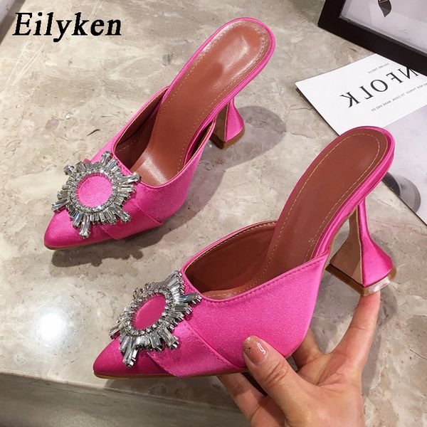 

eilyken rose red women pumps silk satin pointed toe rhinestone crystal high heels woman wedding pumps slip on cup heeled mules t200525, Black