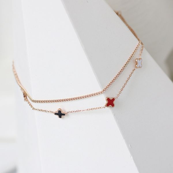 

black/white/red color enamel lucky clover anklet lovely beach titanium steel double-layered anklet jewelry accessories no fade, Red;blue