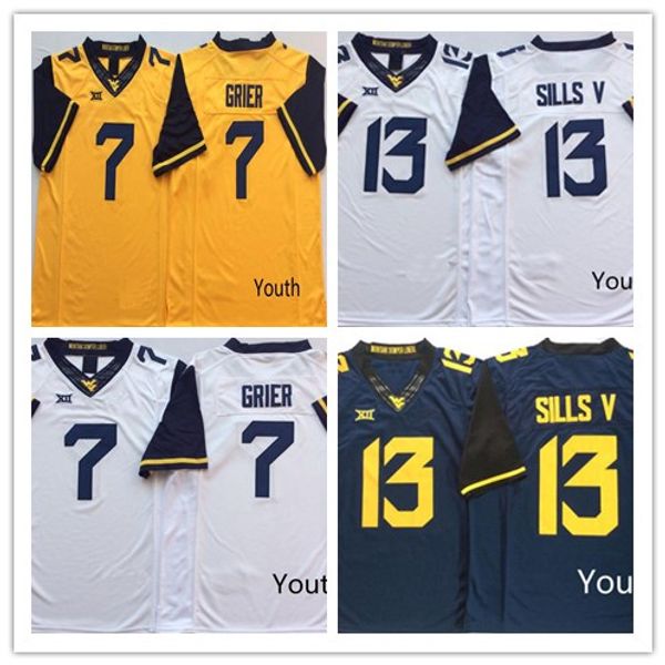 

wvu youth #7 will grier 13 david sills v kids jerseys gold yellow white navy blue ncaa college football youth west virginia mountaineers, Black;red