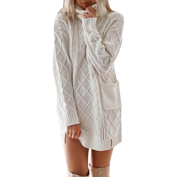 

women winter mini dress sweater knit turtleneck warm long sleeve pocket 124, Black;gray