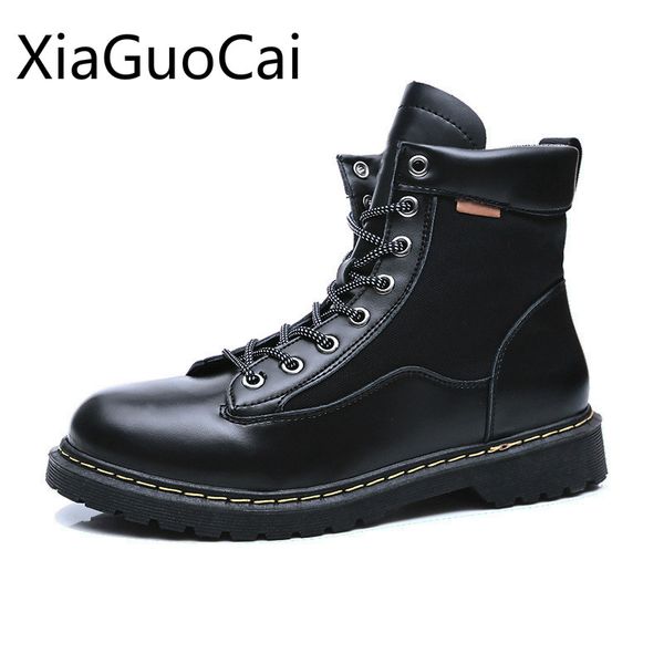 

spring black high men's casual boots lace up men's high boots leather straps outdoor mens