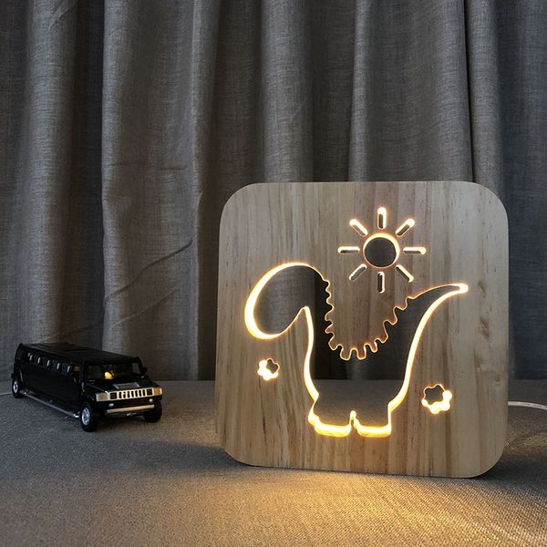 Lampada da dinosauro in legno novità creativa Luci notturne USB Lampada da tavolo cava con intaglio in legno massello per regalo di luce da comodino per camera da letto