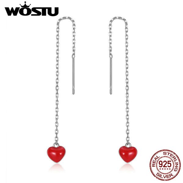 

wostu 100% real 925 sterling silver cute red heart enamel long drop earrings for women fashion dangle earring jewelry cse150, Golden