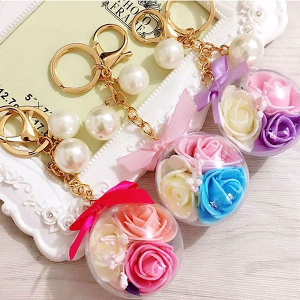 

immortal flower keychain for women gold lobster buckle 32mm key ring cute pearl key chain handbag pendant ornaments girl gift, Silver