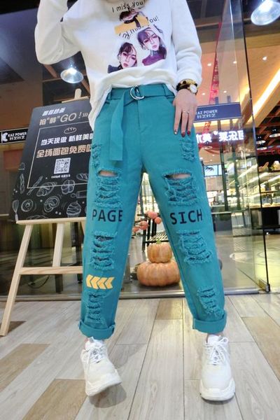 

letter womens jeans 2020 new style ripped cotton jeans washed ripped women hip hop loose harem pants, Blue