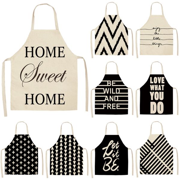 

aprons 1pcs black and white geometric letter kitchen cotton linen home cooking baking shop cleaning bibs 53*65cm