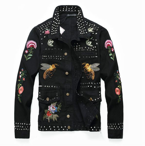 

men's fashion rivet flower bees embroidery black jacket long sleeve slim denim coat short design embroidered jacket vintage b500607, Black;brown