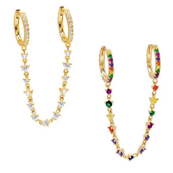 

double hole mini gold hoops with rainbow cz station chain girlfriend gift 2019 colorful charming tassel earring, Golden;silver