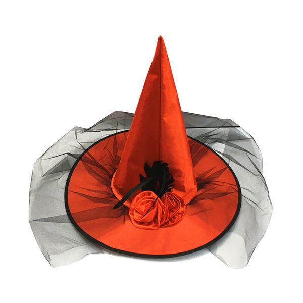

fantasy halloween party supplies custome accessories wide brim fancy dress red witch wizard hat with big red rose flower black feather tulle, Silver