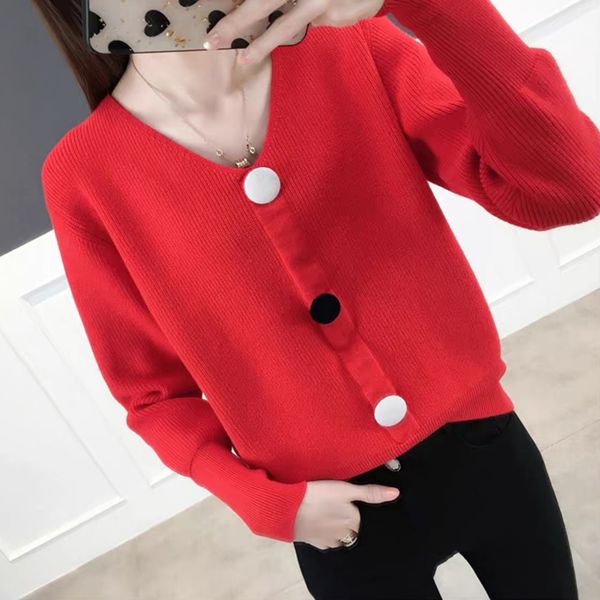 

women's sweaters lucyever autumn women thin sweater v neck pullover knitted jumper fashion button long sleeve solid female 2021, White;black