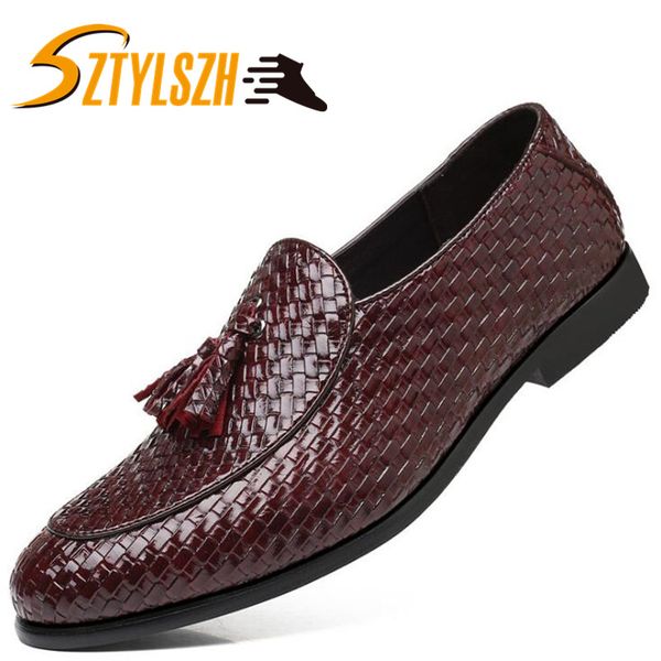 

handmade weaving tassel shoes men casual leather dress loafers woven oxfords moccasins luxury italian wedding flat dress shoes, Black