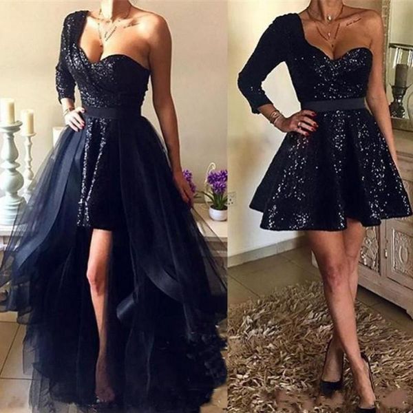

spakly black sequins short prom dresses with detachable overskirt hi lo new 2020 one shoulder african evening party gowns, White;black
