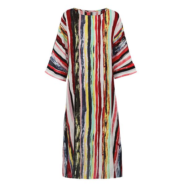 

plus size dresses for women 4xl 5xl vintage women dress colorful stripe 3/4 batwing sleeve pocket maxi dress loose vacation wear, Black;gray