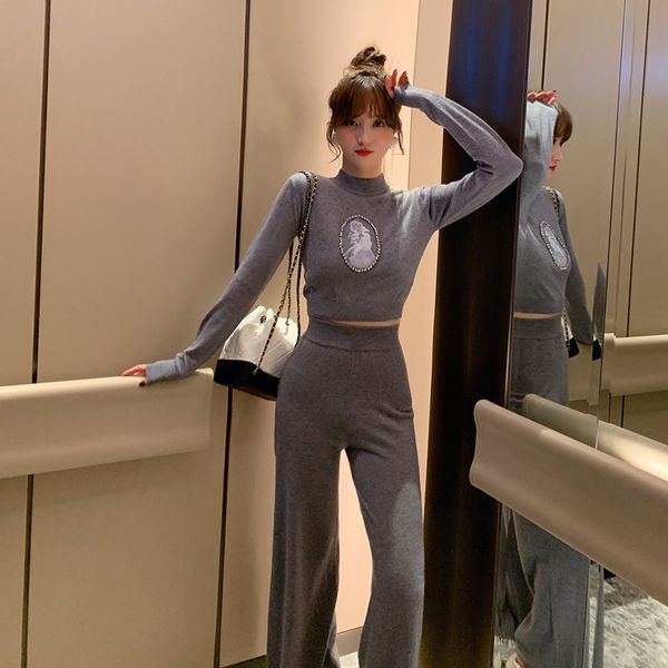 

two piece dress 2 set 2021 spring casual women suit grey full sleeve pullover sweater short and wide leg long pants work, White