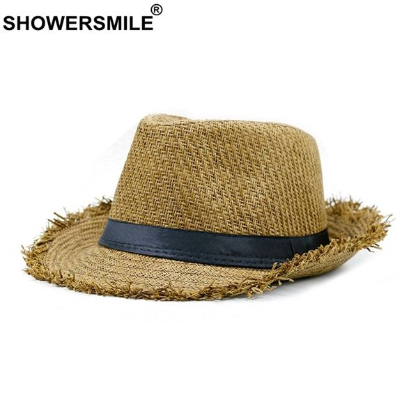 SHOWERSMILE Marca Cáqui Chapéu De Palha Dos Homens Panamá Tampas de Verão Estilo Chapéu de Sol Praia Férias Clássico Masculino Chapéus E Bonés D19011106