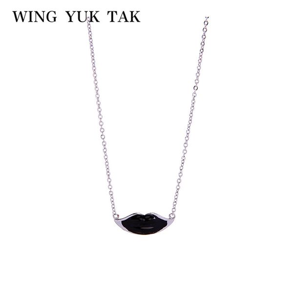 

wing yuk tak fashion red black lips pendant necklace for women elegant enamel necklace romantic korean jewelry, Silver