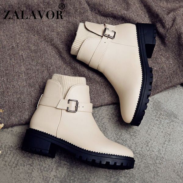 

zalavor women round toe flats boots buckle winter warm fashion office ladies ankle boots daily shoes woman size 34-43, Black
