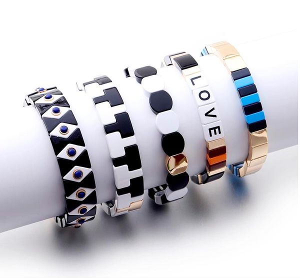 

enamel tile bracelets bohemian women 2019 rainbow jewelry handmade elastic pulseras mujer, Golden;silver