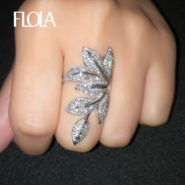 

flola delicate silver leaf ring for woman micro inlayed cubic zirconia present finger ring vintage fashion jewelry bague rigf28, Golden;silver