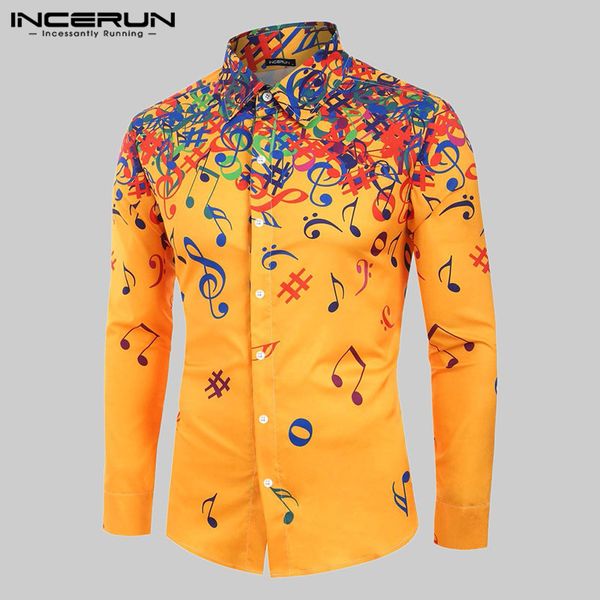 

incerun men brand shirt music symbol printed long sleeve lapel button fitness camisa business street casual dress shirt men 2019, White;black