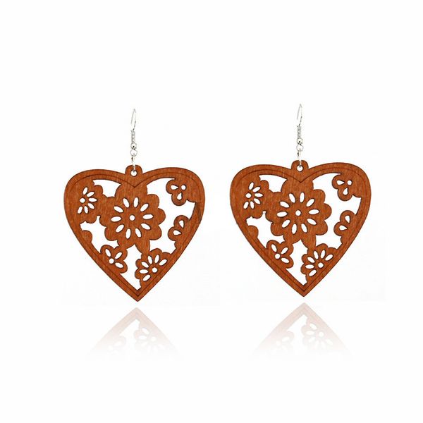 

new black brown hearts shape wooden earrings hollow out flower wood earring handmade diy hook eardrop women lady jewelry designer gifts, Silver