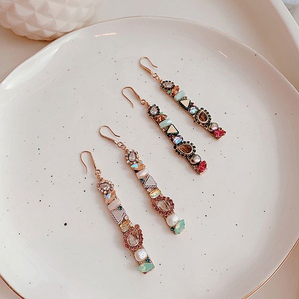 

mengjiqiao new design handmade luxury shiny long rectangle crystal drop earrings for women elegant pearl pendientes jewelry gift, Silver