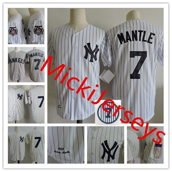 

Mens Mickey Mantle Jerseys Stitched white grey navy #7 Mickey Mantle retirement Patch Jersey S-3XL