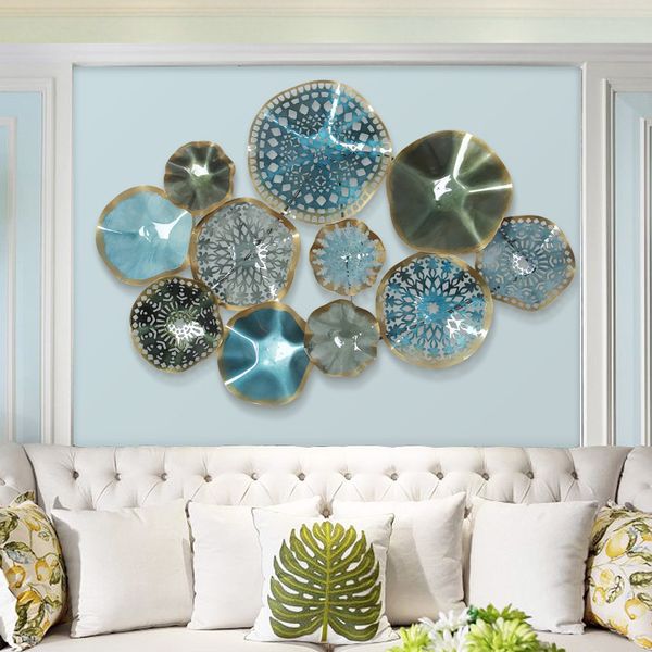 

european creative wall hanging metal round blue flower ornaments crafts decoration 3d stereo home wall background sofa mural art