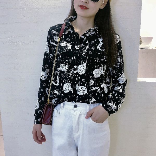 

women harajuku shirt kitten print autumn office lady long sleeve casual and blouses, White