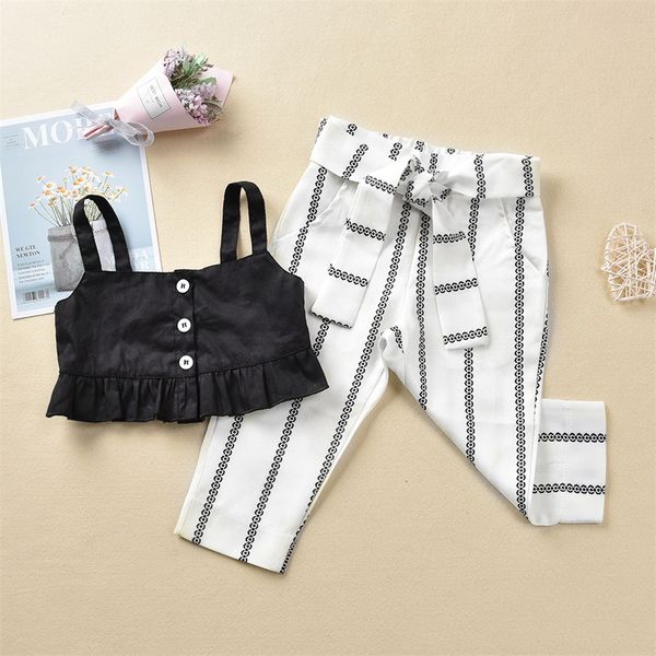 

pudcoco summer toddler baby girl clothes ruffle crop sling striped long pants 2pcs outfits casual summer clothes, White