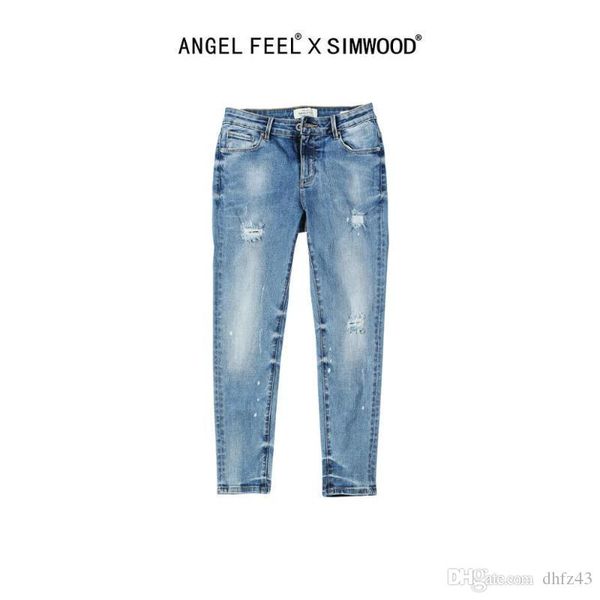 

simwood 2020 летние новые джинсы женские rippedsplattered стрейч-джинсовые брюки slim fit мода отверстие длиной до щиколотки жан sw005, Blue